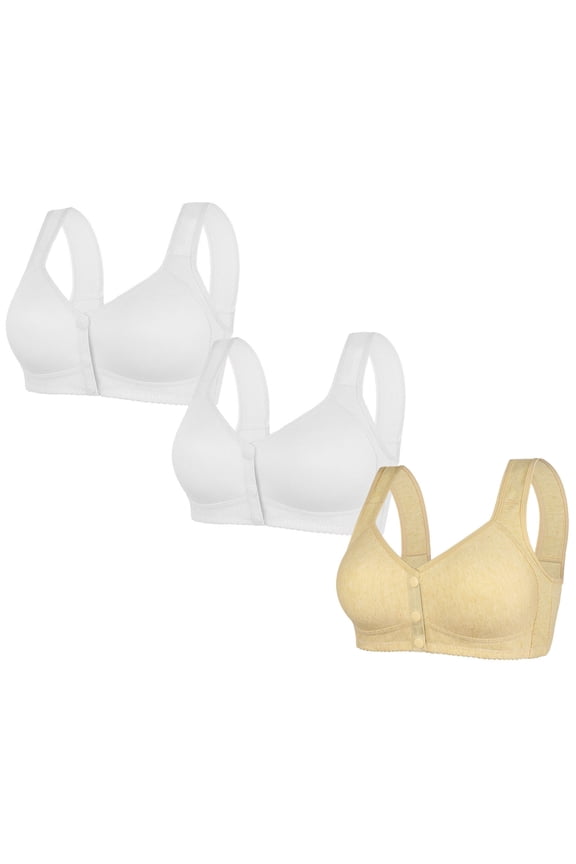 3 Pack Plus Size Front Closure Bra for Women, Post Surgery Wirefree Everyday Bra Comfort Wireless Full Coverage Back Smoothing Bralettes No Underwire, Snap Closing