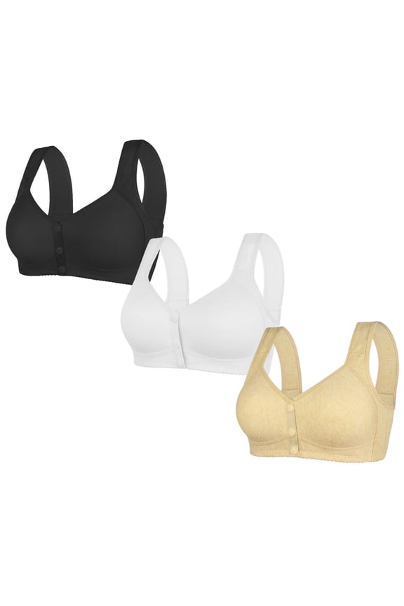 3 Pack Plus Size Front Closure Bra for Women, Post Surgery Wirefree Everyday Bra Comfort Wireless Full Coverage Back Smoothing Bralettes No Underwire, Snap Closing