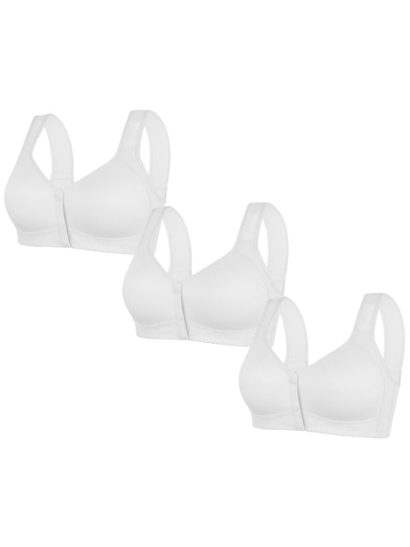 3 Pack Plus Size Front Closure Bra for Women, Post Surgery Wirefree Everyday Bra Comfort Wireless Full Coverage Back Smoothing Bralettes No Underwire, Snap Closing