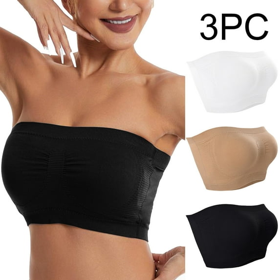 Joau 3 Pack Strapless Bras for Women No Underwire, Women's Comfort Wireless Bandeau Bra Removable Padded Bralettes, Seamless Tube Top Bra Stretchy Comfy Bras
