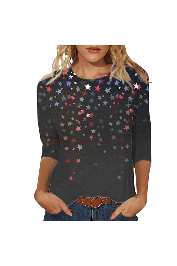 4th of July Womens Tops, Summer Casual 3/4 Sleeve Crewneck Shirts American Flag Patriotic Tees Tunic Blouses