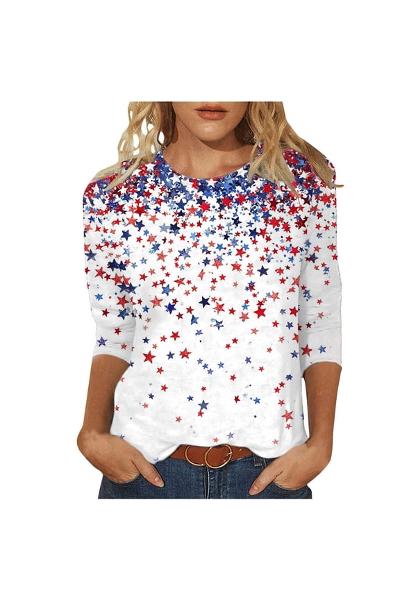 4th of July Womens Tops, Summer Casual 3/4 Sleeve Crewneck Shirts American Flag Patriotic Tees Tunic Blouses