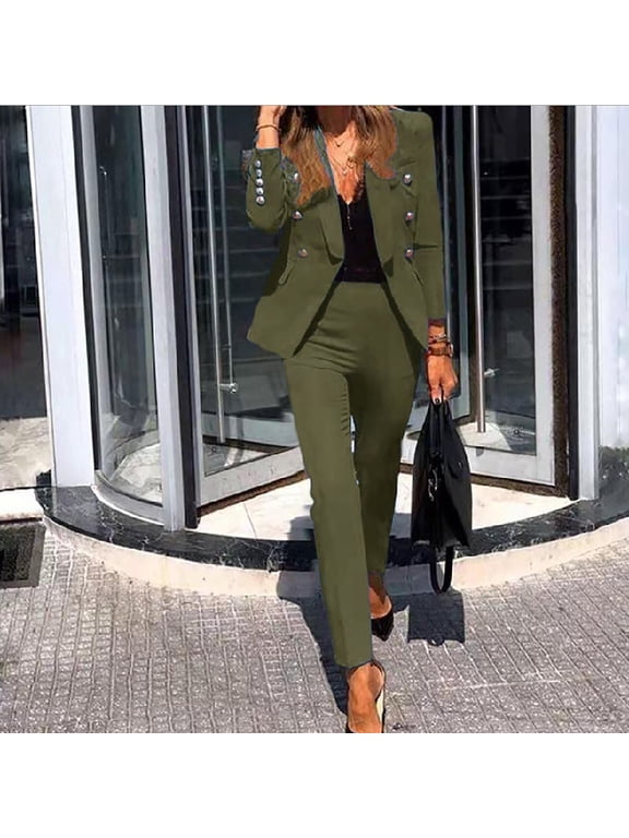 Blazer Sets Women 2 Piece Outfits, Long Sleeve Double Breasted Blazer Jackets with Pants Set Slim Fit Elegant Business Suit Casual Formal Suit for Work Office