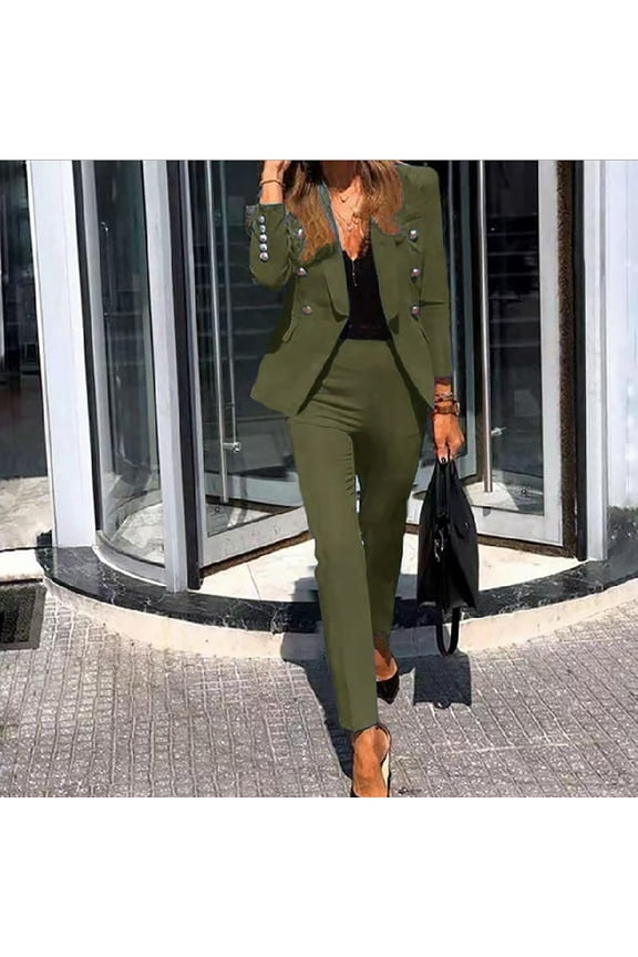 Blazer Sets Women 2 Piece Outfits, Long Sleeve Double Breasted Blazer Jackets with Pants Set Slim Fit Elegant Business Suit Casual Formal Suit for Work Office