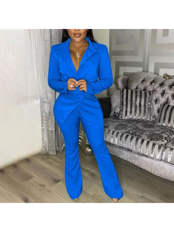 Blazer Sets Women 2 Piece Outifits Open Front Double Breated Lapel Casual Blazer Jackets and Long Flare Pants Set Elegant Work Office Business Suits