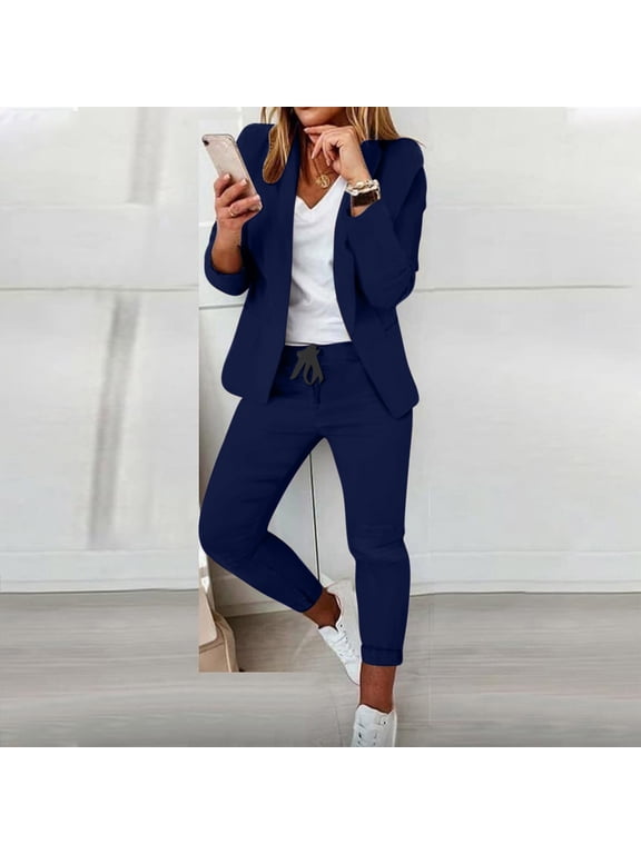 Blazer Sets Women 2 Piece Outifits Open Front Lapel Blazer Jackets and Drawstring Slim Fit Pants Elegant Business Casual Office Suit Set