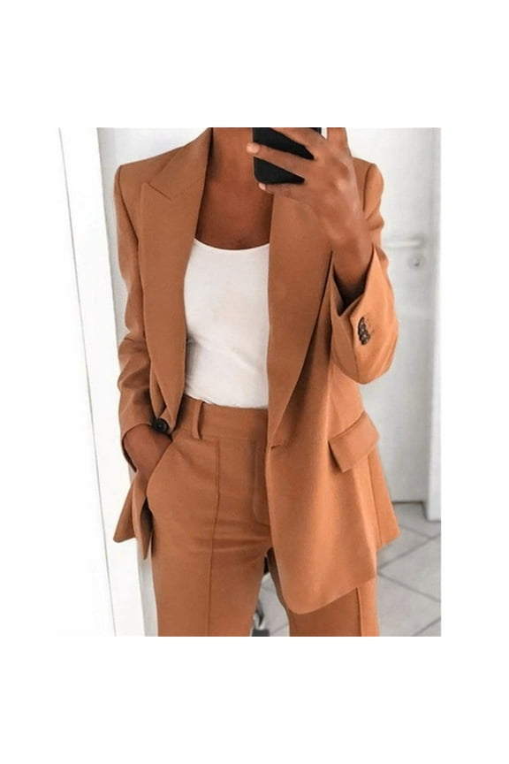 Blazer Sets Women 2 Piece Outifits Open Front One Button Lapel Blazer Jackets and Long Pants Set Elegant Work Office Business Casual Suits