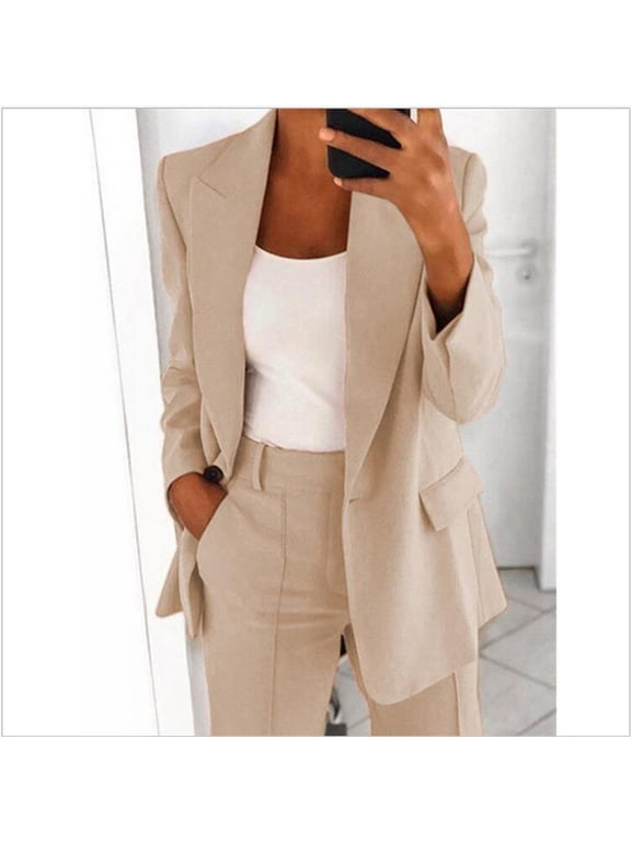 Blazer Sets Women 2 Piece Outifits Open Front One Button Lapel Blazer Jackets and Long Pants Set Elegant Work Office Business Casual Suits