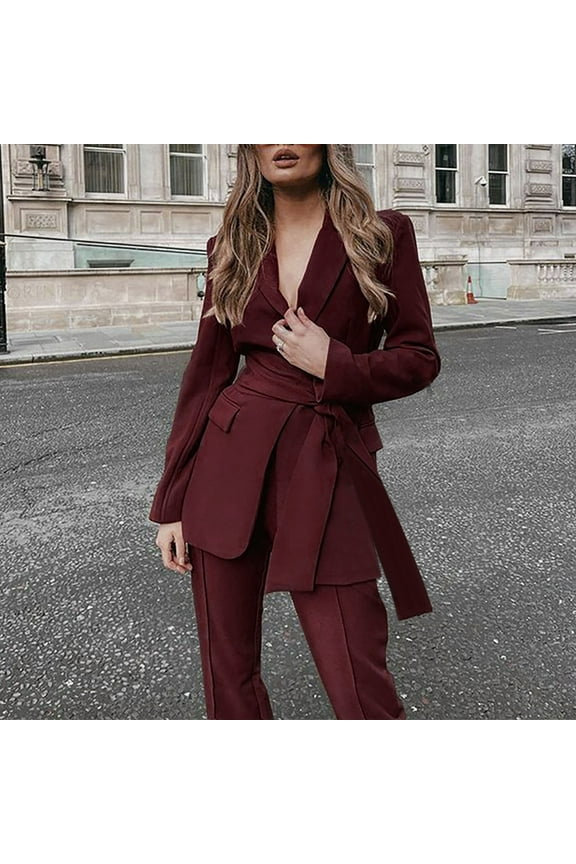 Blazer Sets Women 2 Piece Outifits Open Front One Button Lapel Casual Belted Blazer Jackets and Long Pants Set Elegant Work Office Business Suits