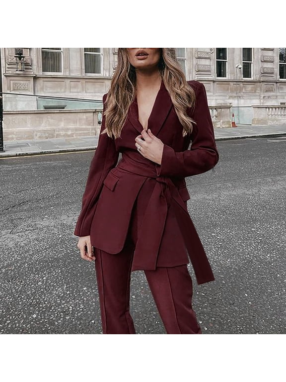 Blazer Sets Women 2 Piece Outifits Open Front One Button Lapel Casual Belted Blazer Jackets and Long Pants Set Elegant Work Office Business Suits