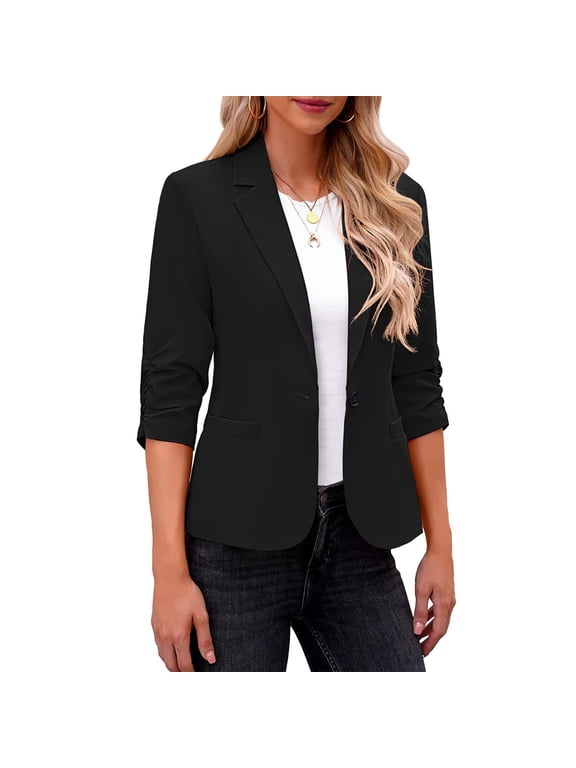 Blazers for Women Business Casual Lapel Collar 3/4 Sleeve One Button Work Office Suit Jackets Summer Lightweight Blazers with Pockets