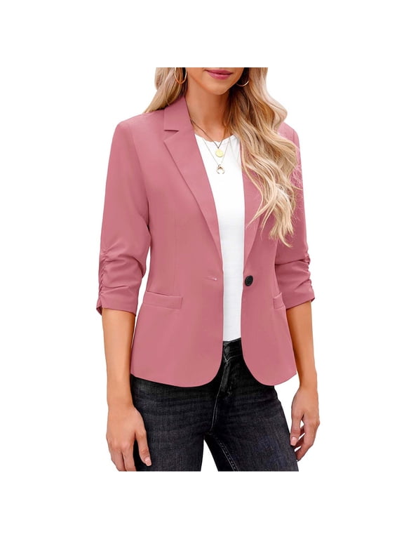 Blazers for Women Business Casual Lapel Collar 3/4 Sleeve One Button Work Office Suit Jackets Summer Lightweight Blazers with Pockets