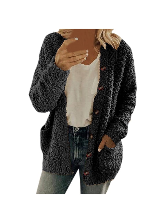 Cardigan Sweaters for Women Long Sleeve Open Front Sherpa Fuzzy Chunky Sweaters Button up Cozy Warm Outerwear Coats with Pockets (Available in Plus Size)