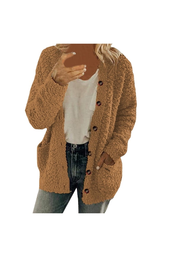 Cardigan Sweaters for Women Long Sleeve Open Front Sherpa Fuzzy Chunky Sweaters Button up Cozy Warm Outerwear Coats with Pockets (Available in Plus Size)