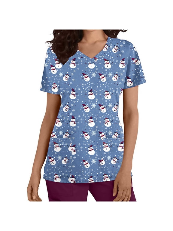 Christmas Scrubs for Women, Santa Snowman Reindeer Print Scrubs Tops Workwear Short Sleeve V Neck Nurse Shirt Working Uniforms Medical Scrubs with Pockets