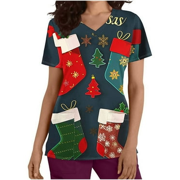 Joau Christmas Scrubs for Women, Short Sleeve V Neck Xmas Holiday Scrubs Tops Workwear Soft Stretch Nurse Shirt Working Uniforms Medical Scrubs with Pockets