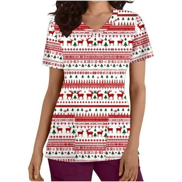 Joau Christmas Scrubs for Women, Reindeer Print Scrubs Tops Workwear Short Sleeve V Neck Nurse Shirt Working Uniforms Medical Scrubs with Pockets