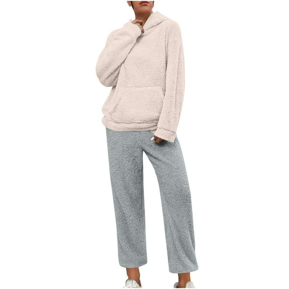 Joau Coral Fleece Pajamas for Women Set Winter Warm Soft Fuzzy 2 Piece Sleepwear Oversized Hoodie and Joggers Sweatpants Matching Lounge Sets