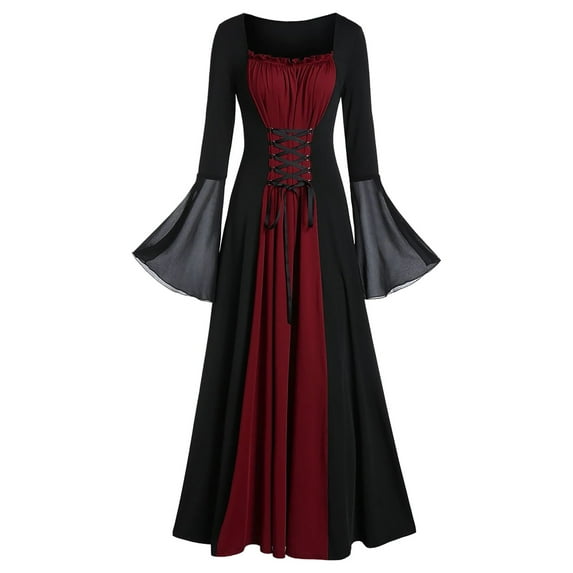Joau Halloween Costume, Womens Gothic Court Medieval Renissance Ball Gowns Cosplay Party Vintage Maxi Dress, Long Flare Sleeve Lace Up Retro Gowns