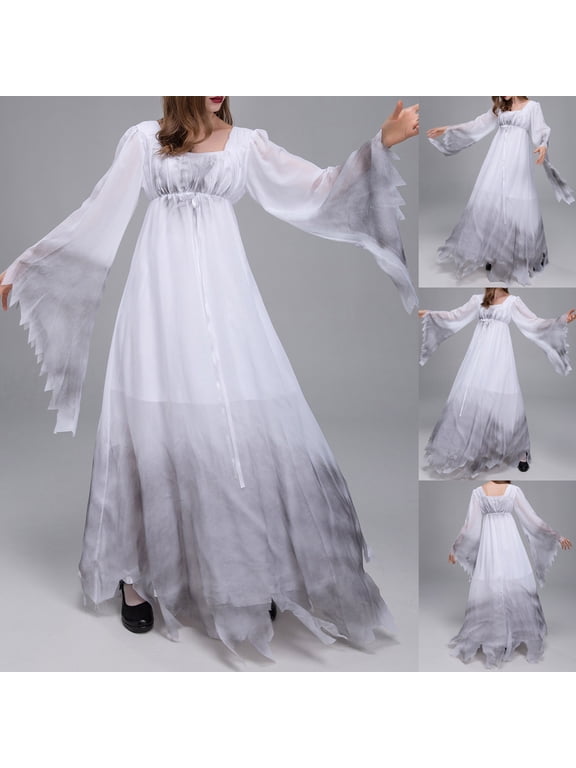Halloween Dresses for Women Halloween Costume Adult Cosplay Ghost Bride Dress Vintage Gothic Long Flare Sleeve Evening Party Maxi Dress, White