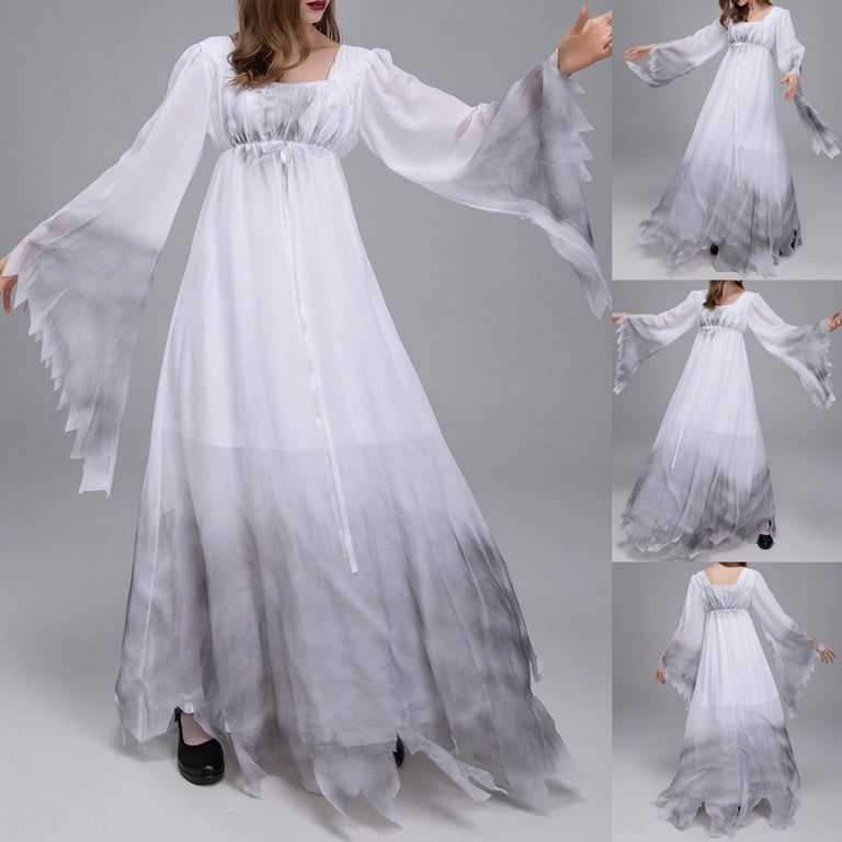Joau Halloween Dresses for Women Halloween Costume Adult Cosplay Ghost Bride Dress Vintage Gothic Long Flare Sleeve Evening Party Maxi Dress White