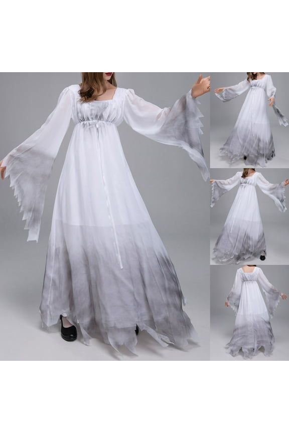 Halloween Dresses for Women Halloween Costume Adult Cosplay Ghost Bride Dress Vintage Gothic Long Flare Sleeve Evening Party Maxi Dress, White