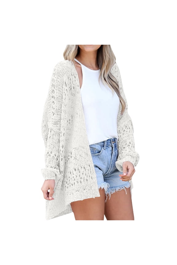 Lightweight Summer Cardigan for Women Casual Long Sleeve Open Front Oversized Crochet Knit Cardigan Sweaters Cover Up Fall Coat Outerwear
