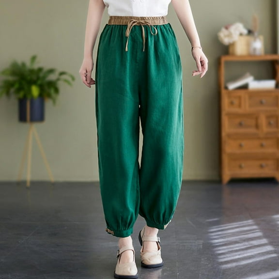 Joau Linen Pants Women Summer Plus Size Elastic Waist Wide Leg Loose Fit Active Pants Yoga Workout Running Joggers Sweatpants Activewear with Pokcets