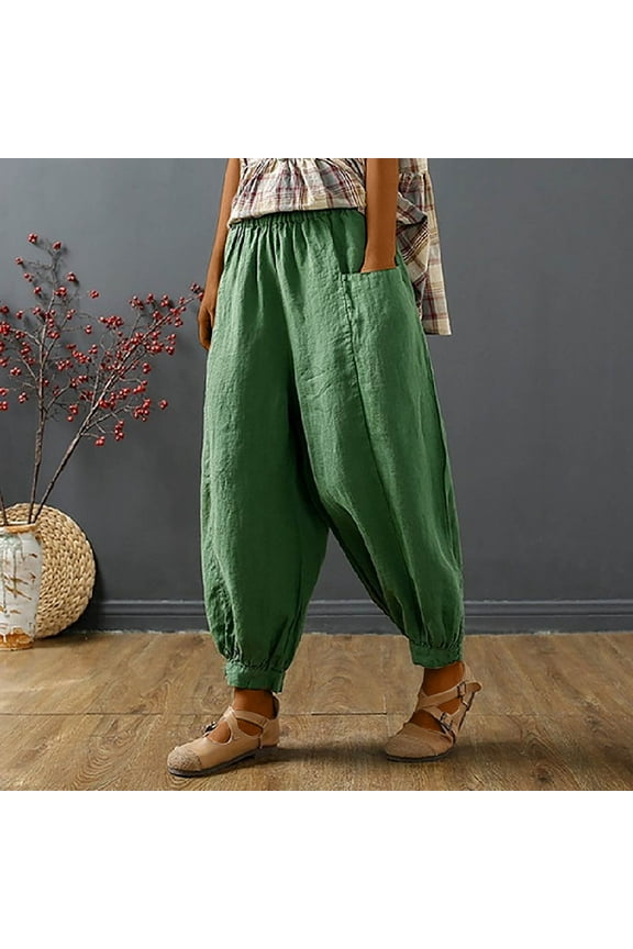 Clearance Under $5 Joau Linen Pants Women Summer Plus Size Elastic Waist Wide Leg Loose Fit Pants Cropped Harem Pants Joggers Sweatpants with Pokcets