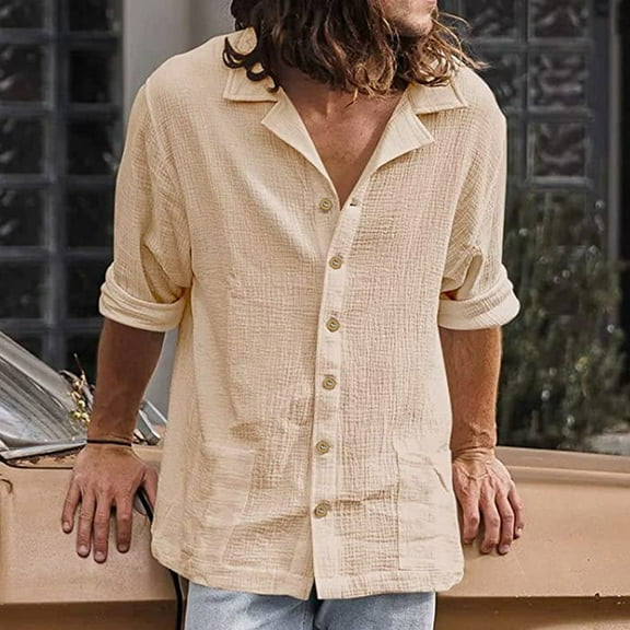 Joau Linen Shirts for Men Casual Long Sleeve Button Down Dress Shirts with Pockets Holiday Beach Shirt Hawaiian T Shirts Lightweight Tops for Men