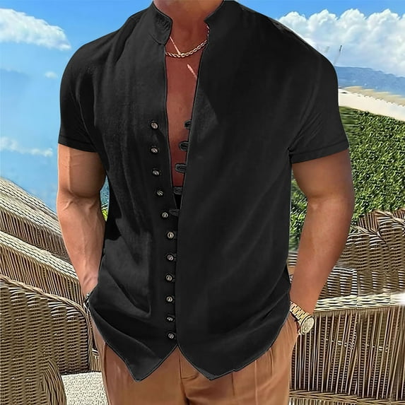 Joau Linen Shirts for Men Casual Short Sleeve Button Down Dress Shirts Holiday Beach Shirt Hawaiian T Shirts Lightweight Tops for Men