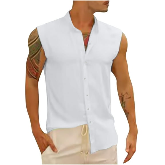 Clearance Under $10 Joau Men's Casual Button-down Shirt, Cotton Linen Sleeveless Lapel Collared Shirts Summer Beach Dress Shirts Basic Tank Tops M-3XL