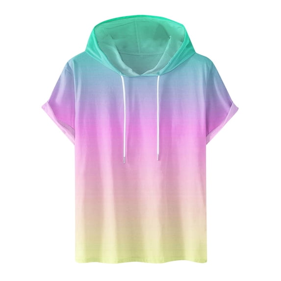 Joau Mens Short Sleeve Hoodies Gradient Color Casual Lightweight Hooded Sweatshirts Drawstring Gym Athletic T Shirts Pullover