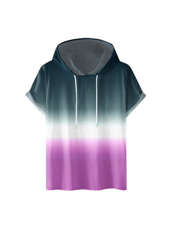 Mens Short Sleeve Hoodies Gradient Color Casual Lightweight Hooded Sweatshirts Drawstring Gym Athletic T Shirts Pullover