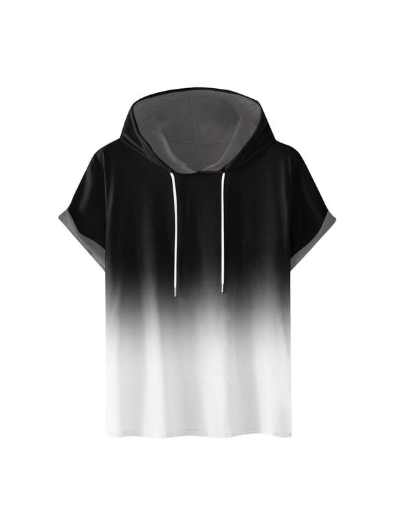 Mens Short Sleeve Hoodies Gradient Color Casual Lightweight Hooded Sweatshirts Drawstring Gym Athletic T Shirts Pullover