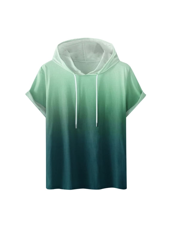Mens Short Sleeve Hoodies Gradient Color Casual Lightweight Hooded Sweatshirts Drawstring Gym Athletic T Shirts Pullover