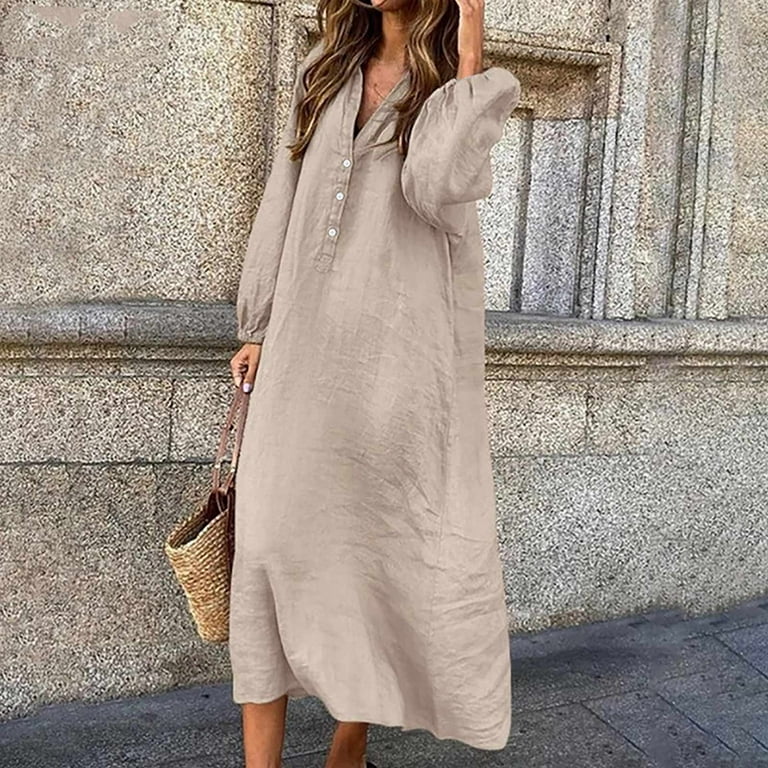 Joau Oversized Linen Dress for Women Casual Buttons Down Long Sleeve T Shirt Dress Loose Fit Flowy Maxi Long Dress Loungewear