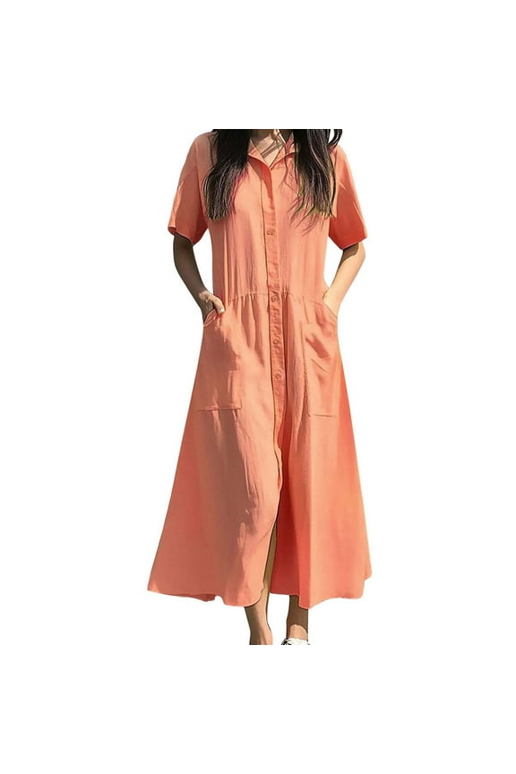 Oversized Cotton Linen Shirt Dress for Women, Dressy Casual Short Sleeve Buttons Down Dress Loose Fit Flowy Maxi Long Dress