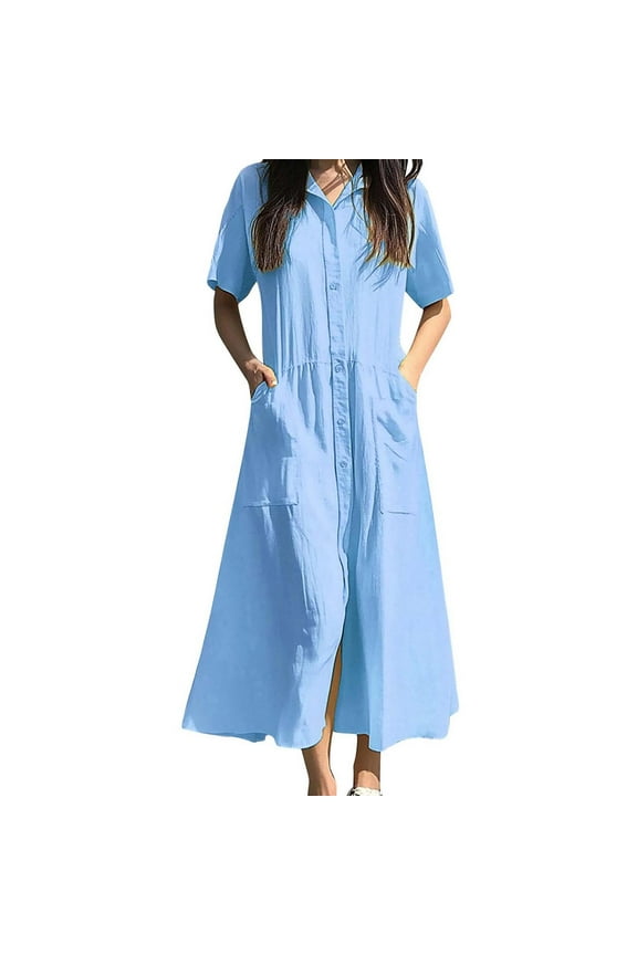 Oversized Cotton Linen Shirt Dress for Women, Dressy Casual Short Sleeve Buttons Down Dress Loose Fit Flowy Maxi Long Dress