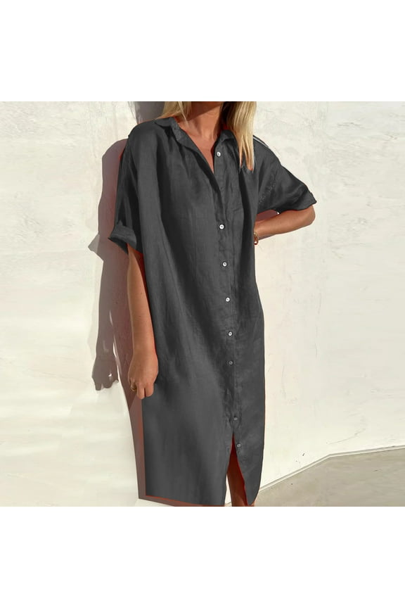 Oversized Linen Dress for Women, Casual Buttons Down Roll-up Sleeve T Shirt Dress Loose Fit Flowy Maxi Long Dress Loungewear