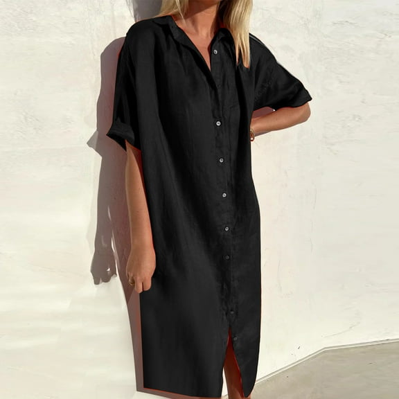 Joau Oversized Linen Dress for Women, Casual Buttons Down Roll-up Sleeve T Shirt Dress Loose Fit Flowy Maxi Long Dress Loungewear