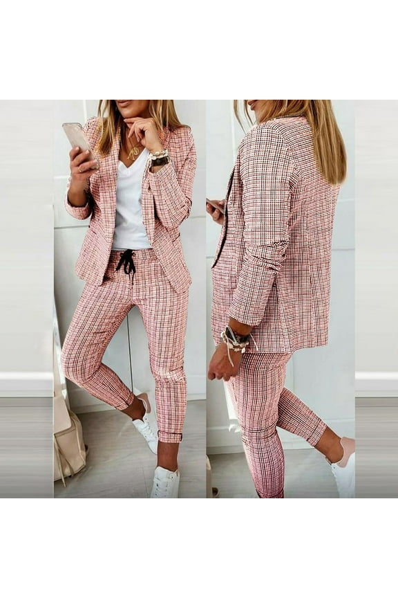 Plaid Blazer Sets Women 2 Piece Outifits Open Front Lapel Blazer Jackets and Drawstring Slim Fit Pants Elegant Business Casual Office Suit Set