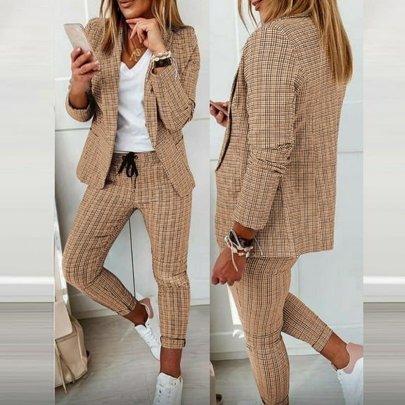Joau Plaid Blazer Sets Women 2 Piece Outifits Open Front Lapel Blazer Jackets and Drawstring Slim Fit Pants Elegant Business Casual Office Suit Set