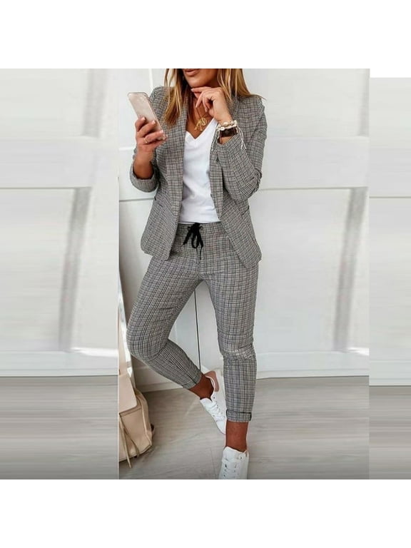 Plaid Blazer Sets Women 2 Piece Outifits Open Front Lapel Blazer Jackets and Drawstring Slim Fit Pants Elegant Business Casual Office Suit Set