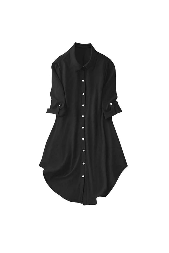 Oversized Shirt Dress for Women, Plus Size Casual Button Down 3/4 Rolled-Up Sleeve Collared Loose Fit Flowy Maxi Long Dress