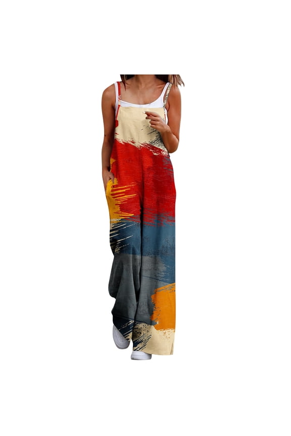 Summer Jumpsuits for Women Casual Spaghetti Strap Sleeveless Wide Leg Long Pant Rompers Vintage Print Boho Overalls Beach Vacation Outfits with Pockets S-3XL
