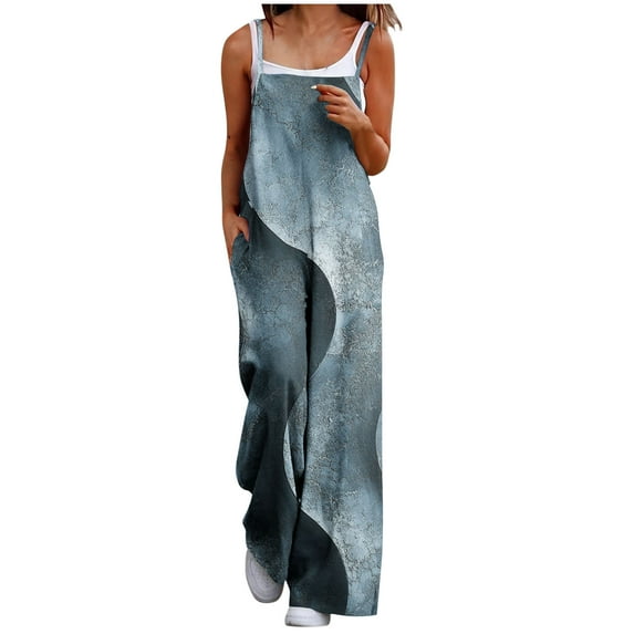 Joau Summer Jumpsuits for Women Casual Spaghetti Strap Sleeveless Wide Leg Long Pant Rompers Vintage Print Boho Overalls Beach Vacation Outfits with Pockets S-3XL