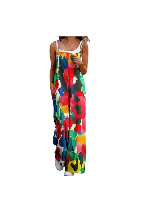 Summer Jumpsuits for Women Casual Spaghetti Strap Sleeveless Wide Leg Long Pant Rompers Vintage Print Boho Overalls Beach Vacation Outfits with Pockets S-3XL