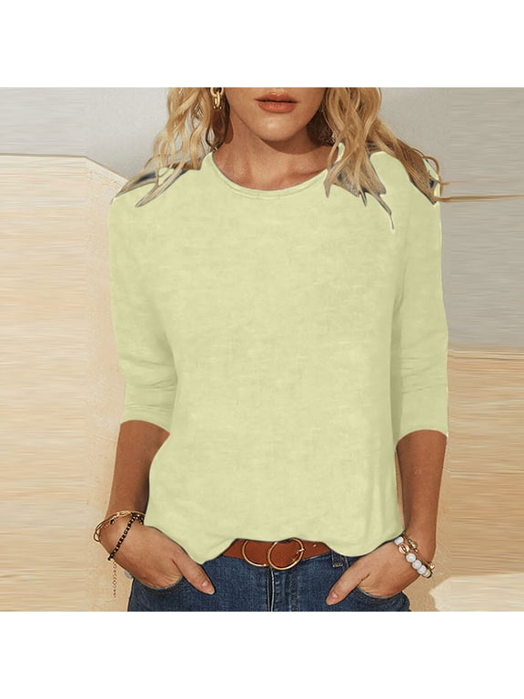 Summer Tops for Women, Women's Summer 3/4 Sleeve Crewneck T Shirts Casual Solid Color Tunic Tops Loose Blouses S-XXL