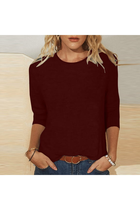 Summer Tops for Women, Women's Summer Three Quarter Sleeve Crewneck T Shirts Casual Solid Color Tunic Tops Loose Blouses S-5XL